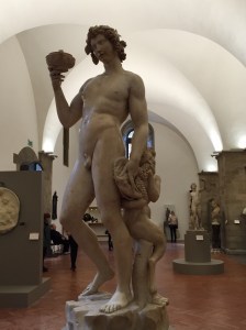 Bacchus by Michelangelo Buonarroti. One of the most important challenges for young Michelangelo. Its precarious equilibrium and drunken gaze was not appreciated by his patron.